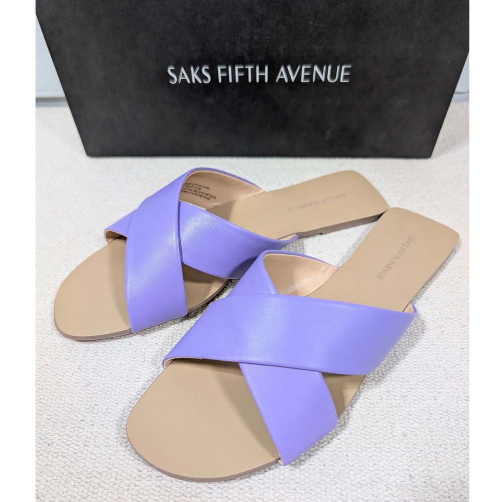 Saks Fifth Avenue Anne Purple Leather Crisscross Flat Slides Womens 8 M NEW